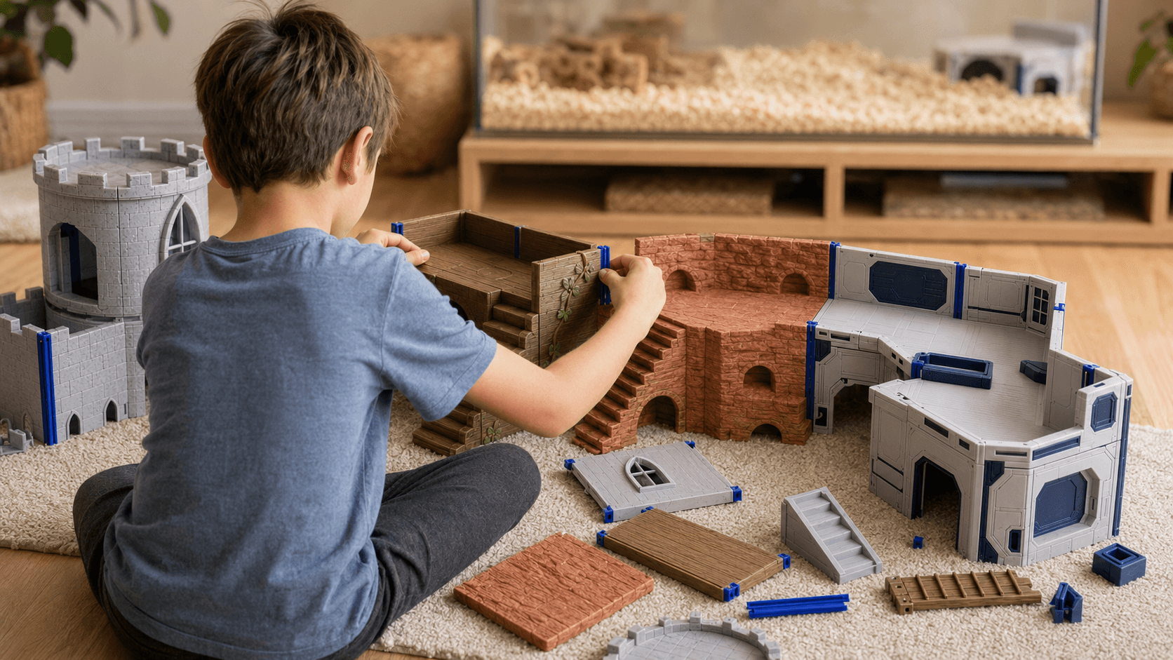 A child building a modular Hamsteropolis castle set on the floor beside a hamster habitat